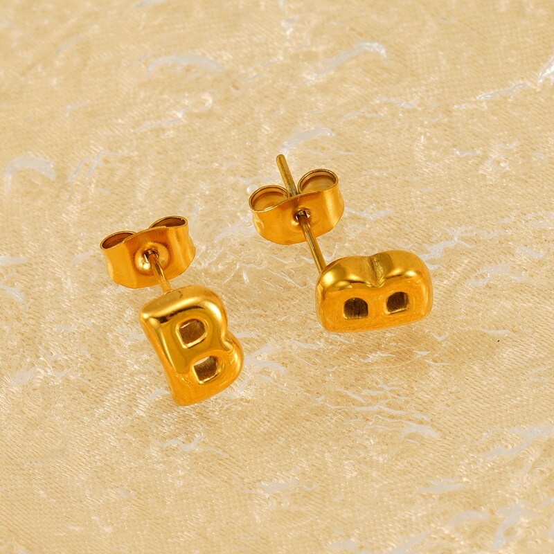 Gold color / 1 Pair Simple Series Elegant Letter B Titanium Steel 18K Gold Plated Women's Stud Earrings Picture2